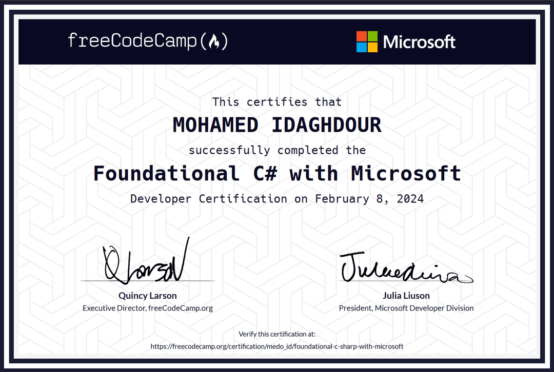 freecodecamp x microsoft Certification about the foundational c-sharp